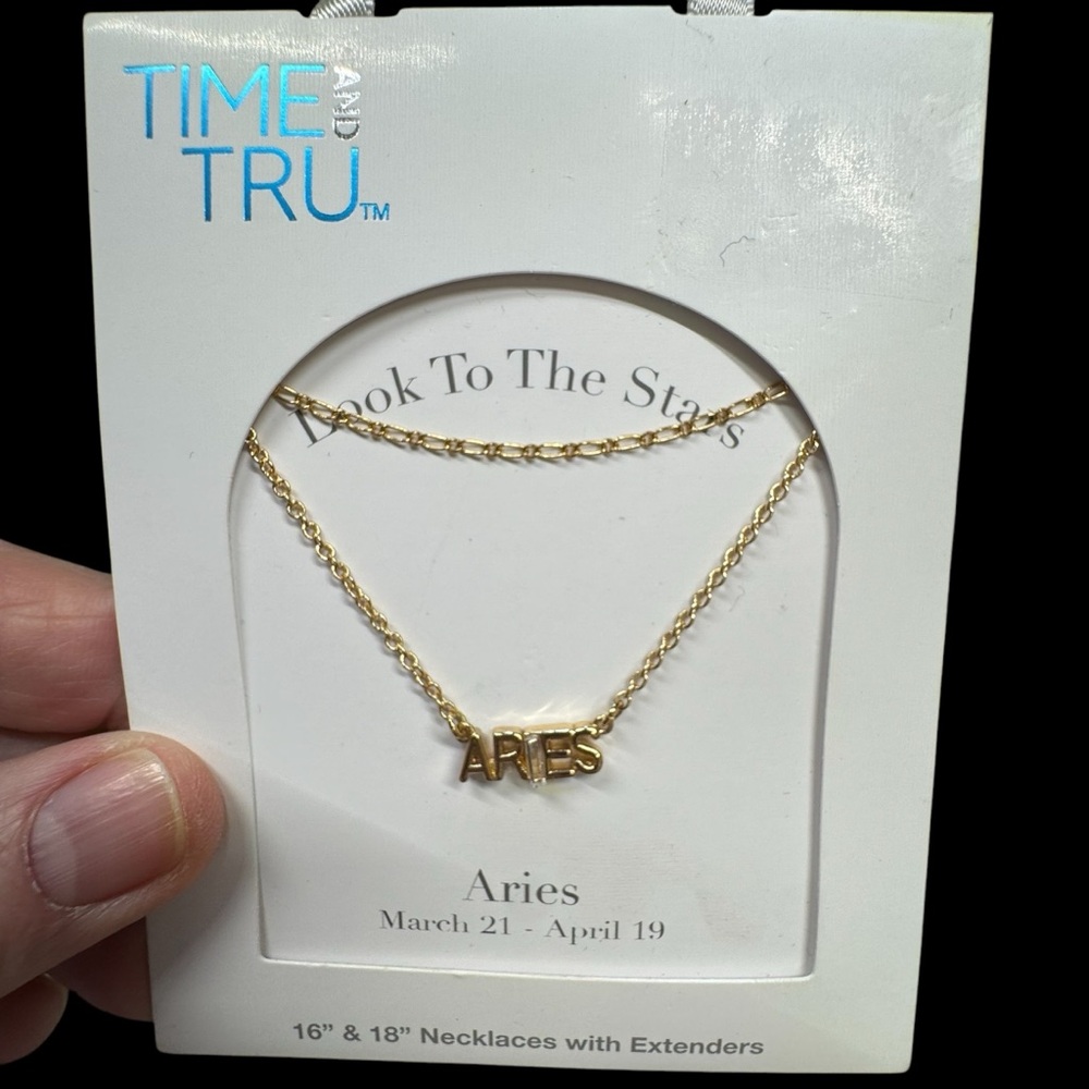 Time and Tru Aries Goldtone Zodiac Birth Necklace Set crystal accent 16”&18” NWT